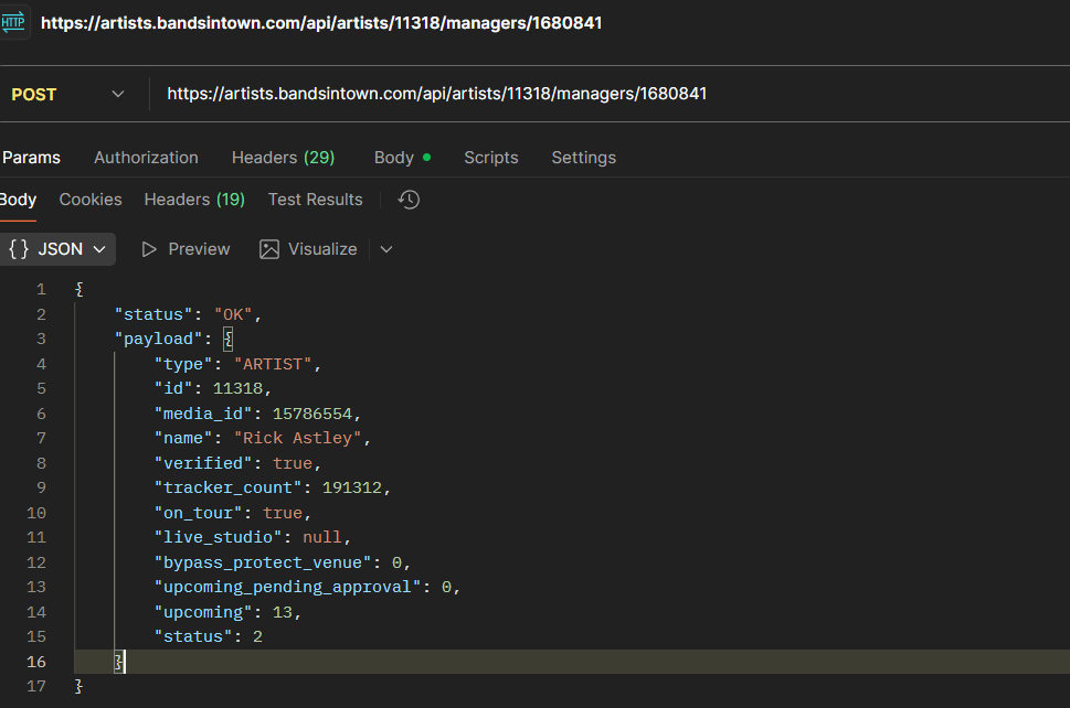 API response showing successful manager addition to Rick Astley's account