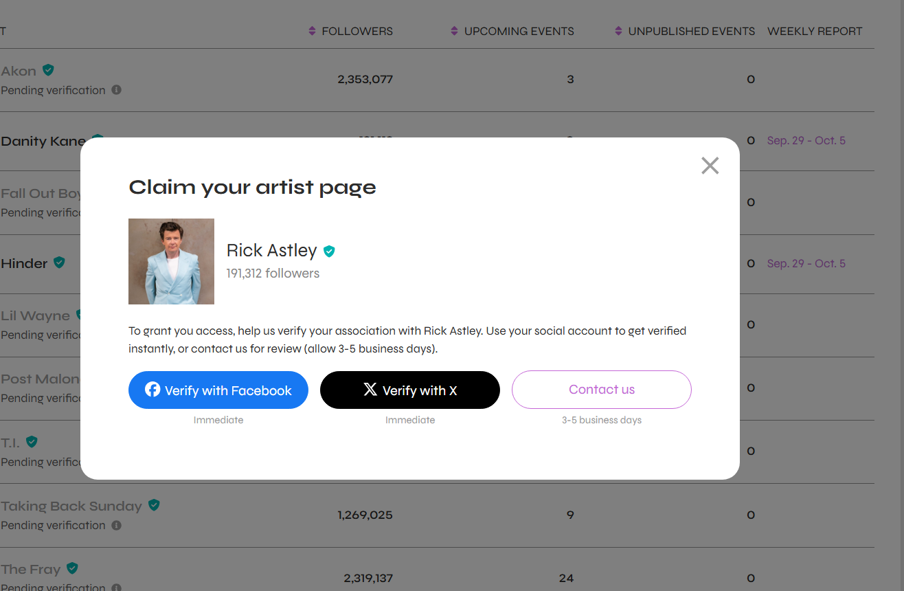 Claim your artist page modal showing verification options