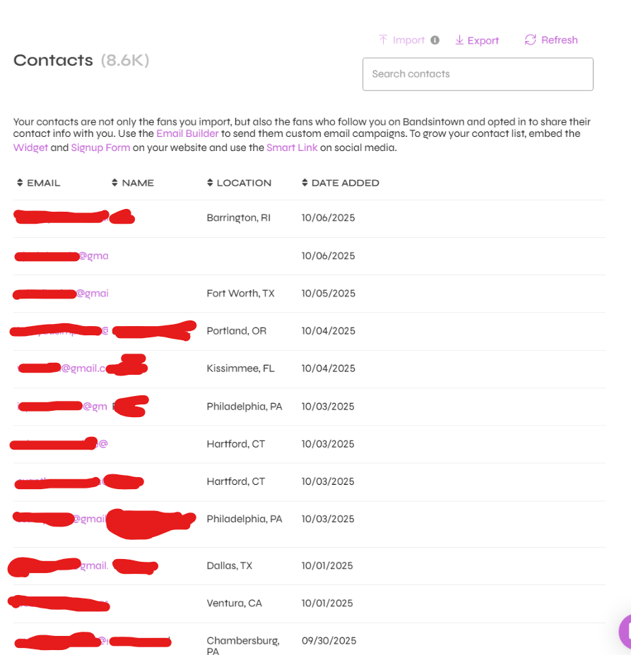 Contacts page showing fan emails, names, and locations