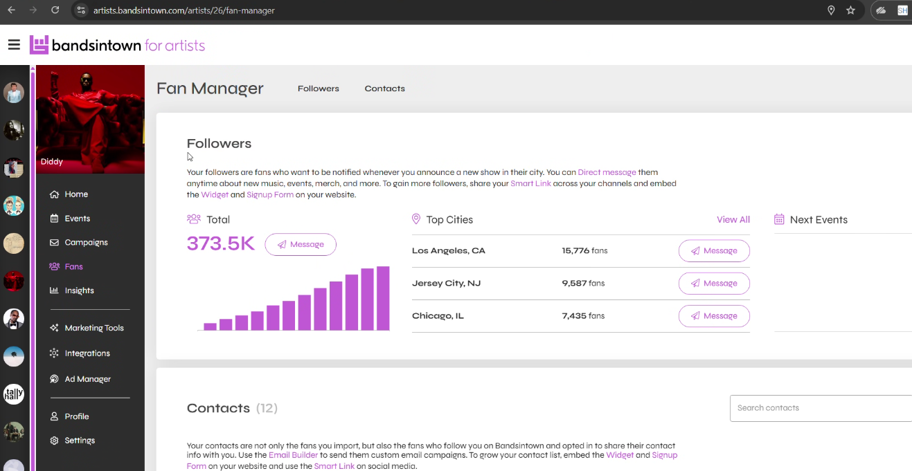Diddy's Fan Manager dashboard showing 373.5K followers
