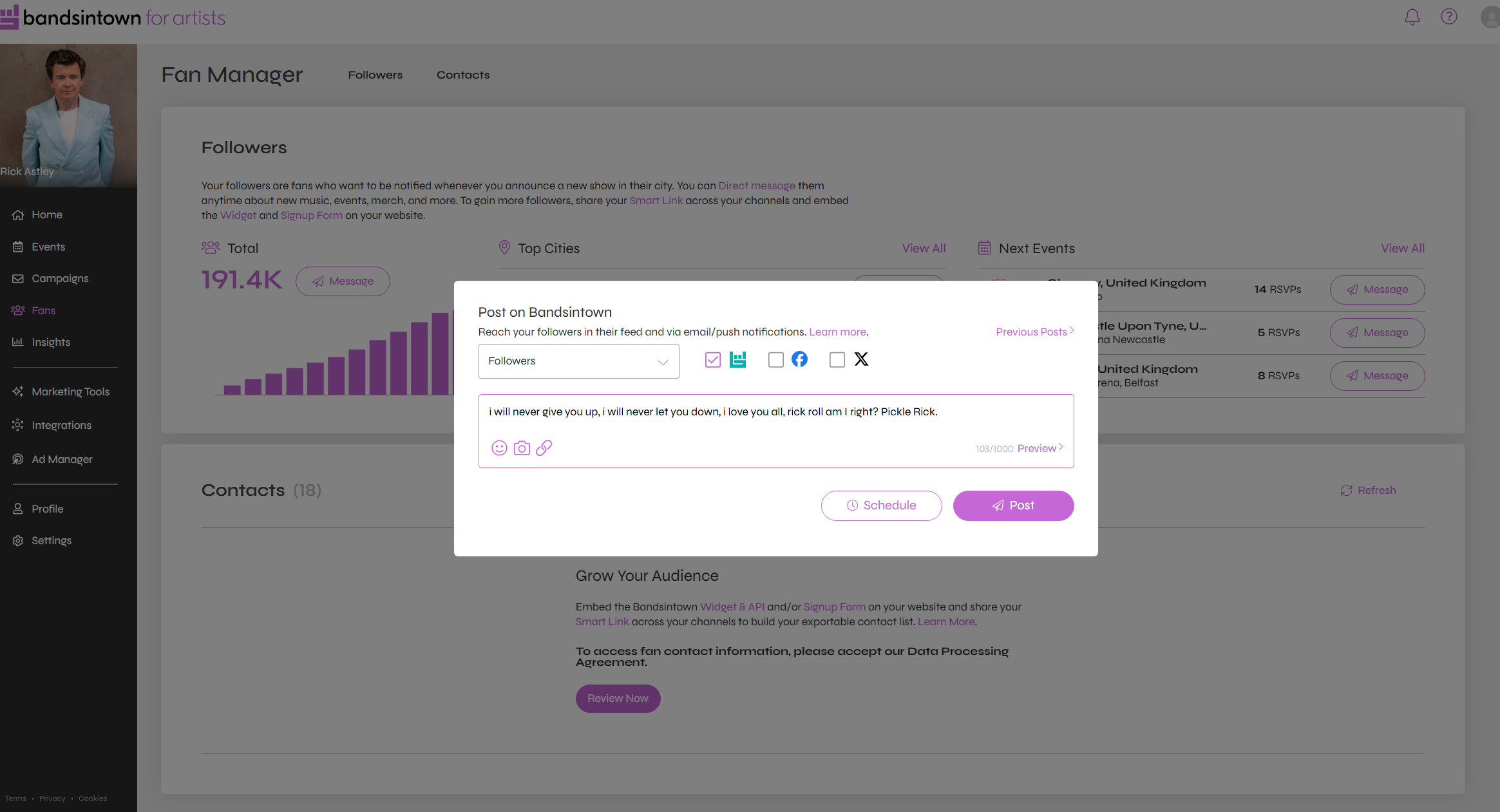 Rick Astley's Fan Manager dashboard with post composer