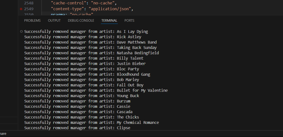 Terminal showing successful manager removal from multiple artists