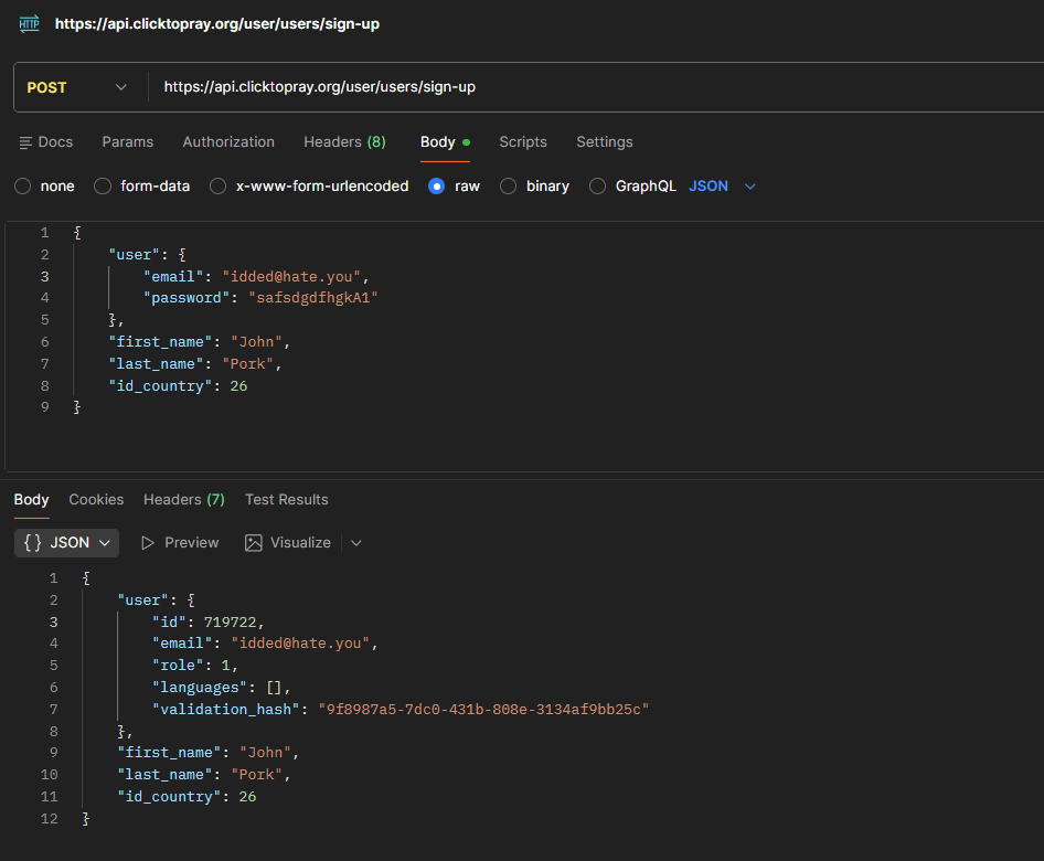 Signup response showing validation_hash