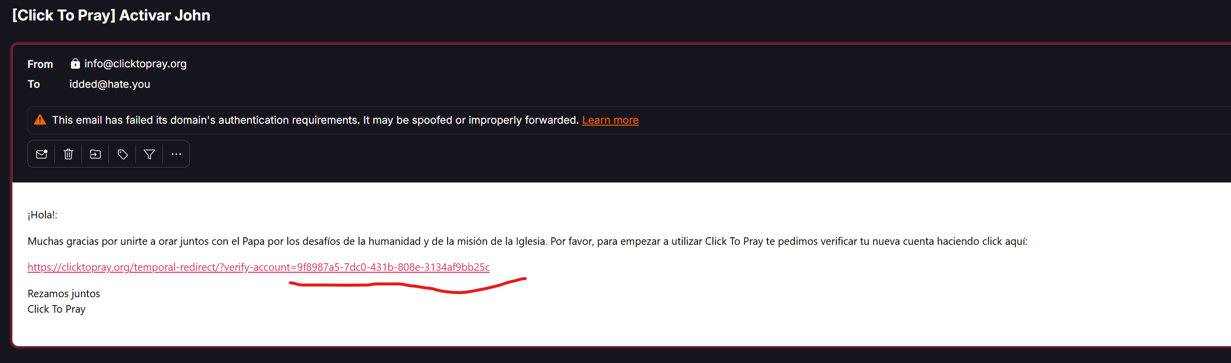 Verification email with matching UUID