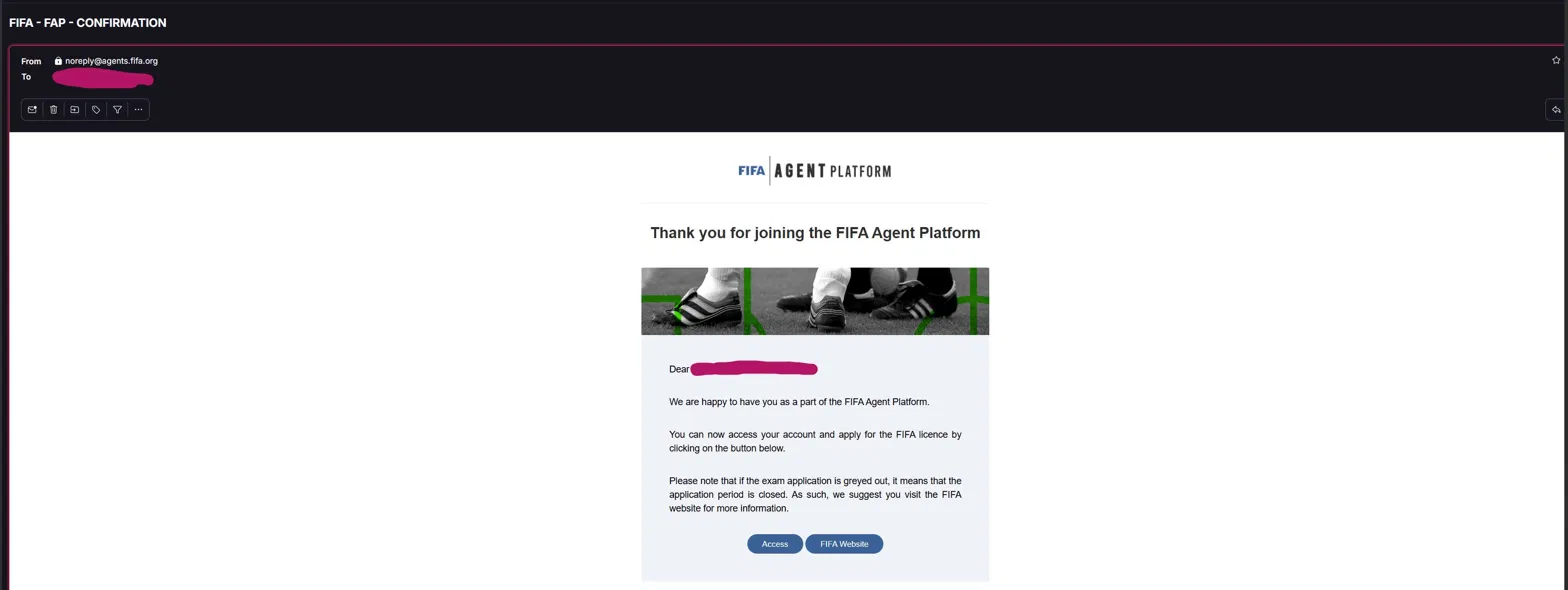 FIFA FAP confirmation email