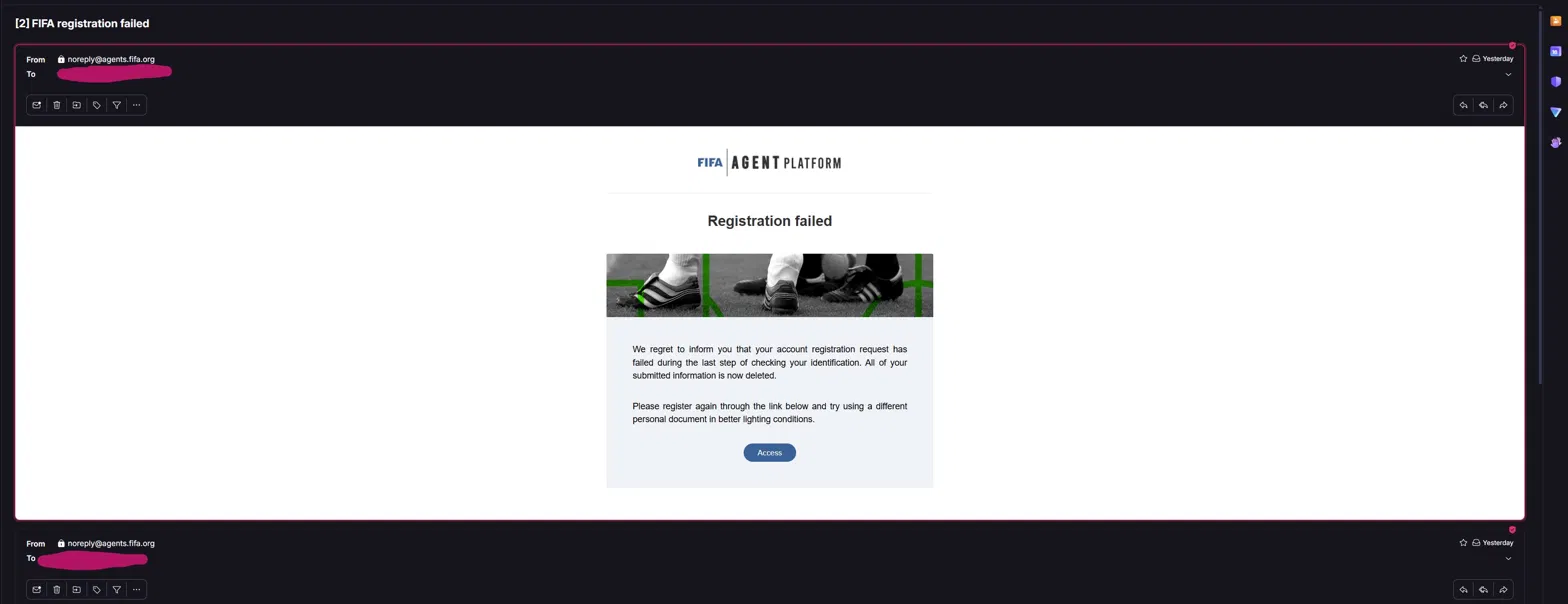 FIFA registration failed