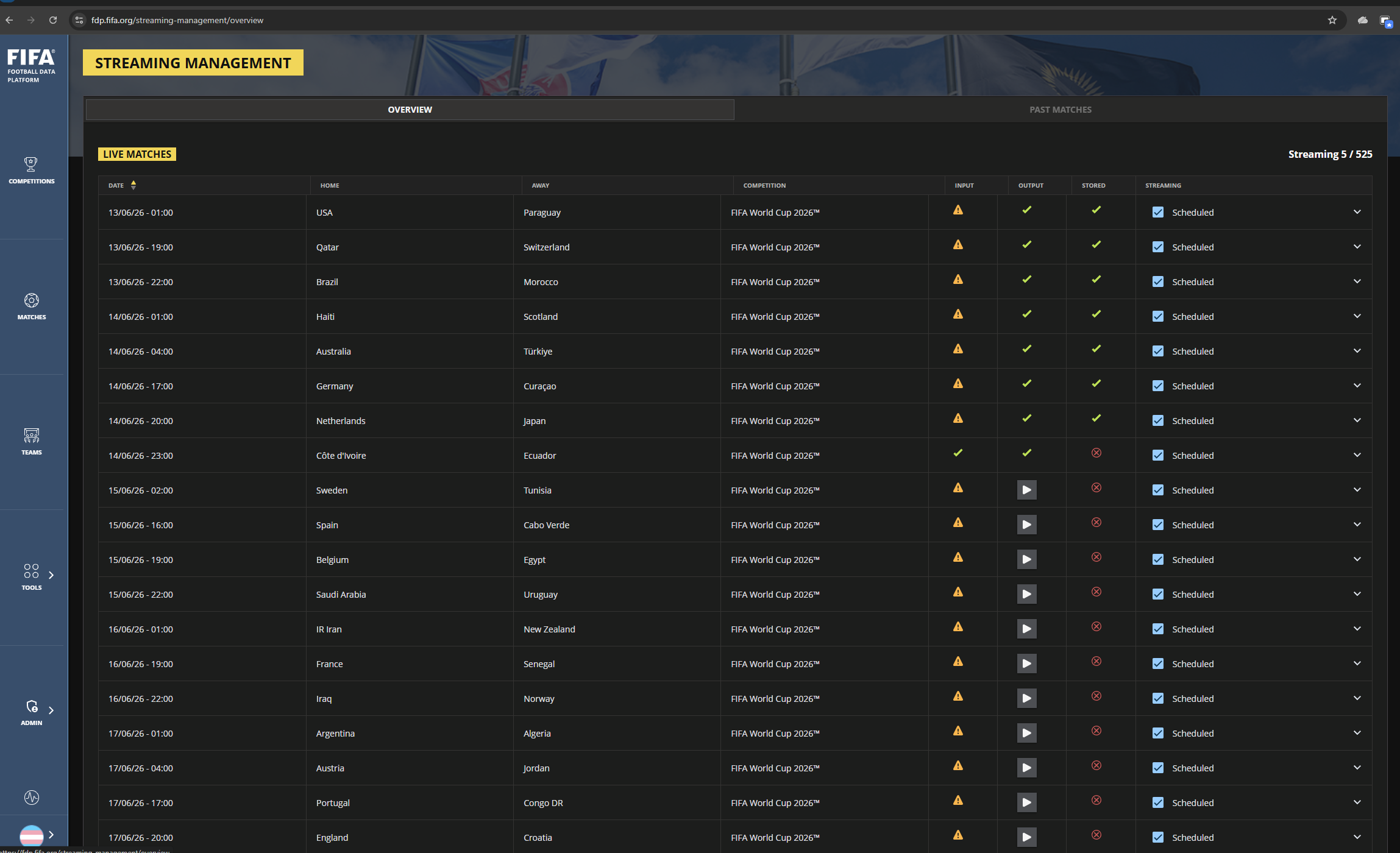 Streaming Management panel showing all World Cup matches