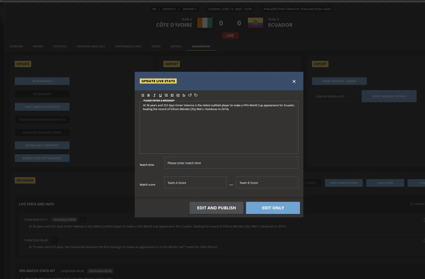 Update Live Stats modal with Edit and Publish button