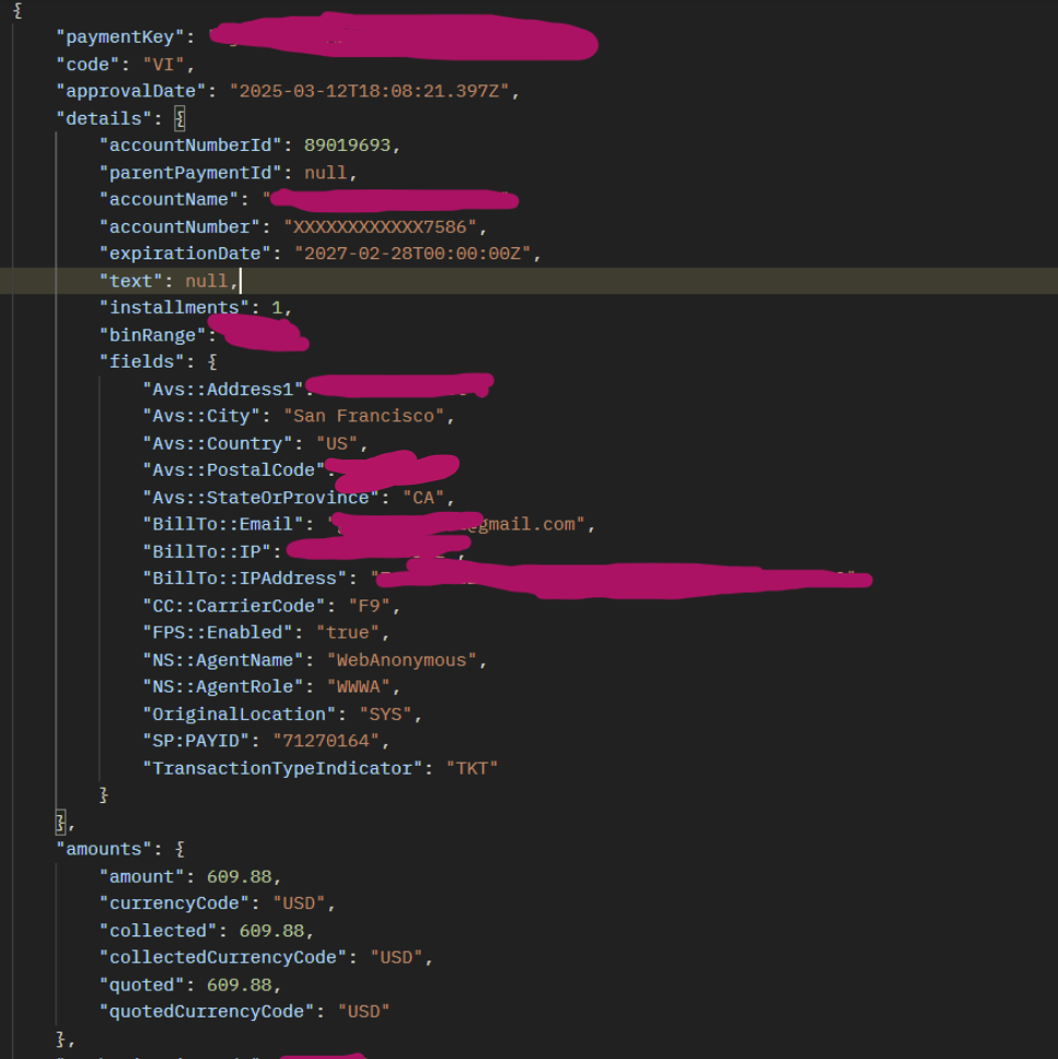 Mobile API payment response
