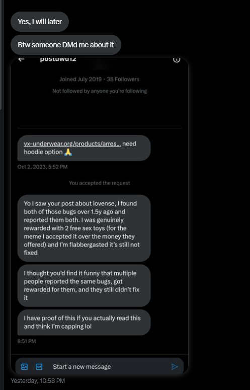Screenshot of DM to VX-Underground about finding the same Lovense bugs 1.5 years ago