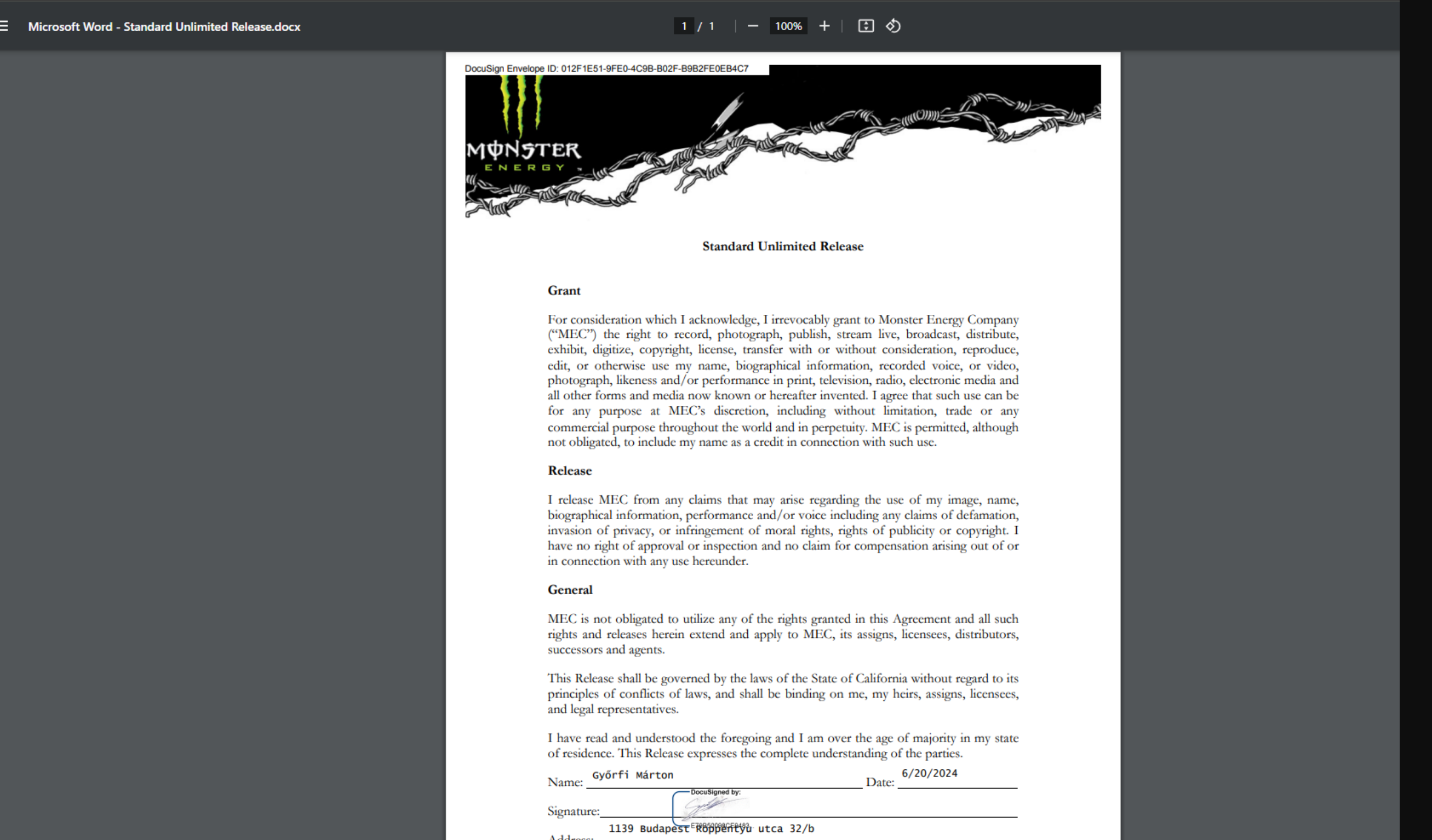 Monster Contract Document