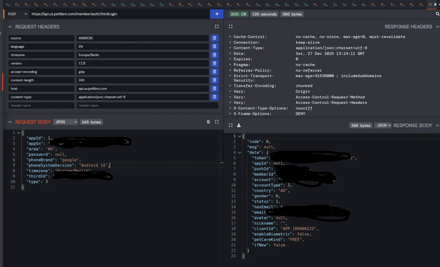 Social login API request showing email and thirdId parameters