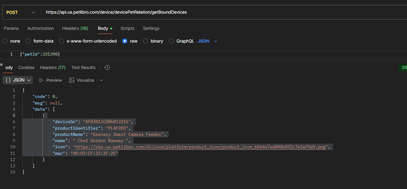 Device API showing serial number and MAC address