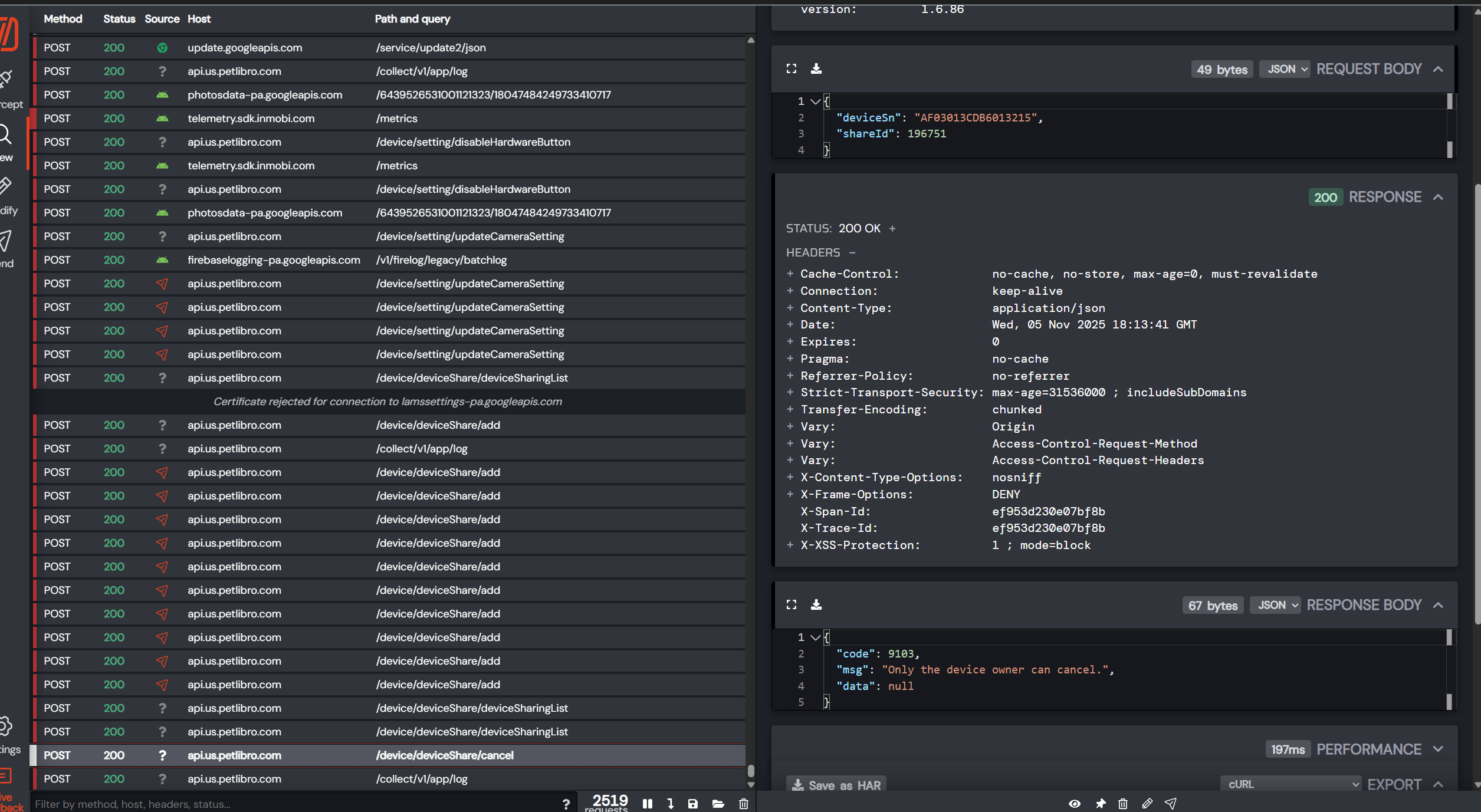 API traffic showing removing access check