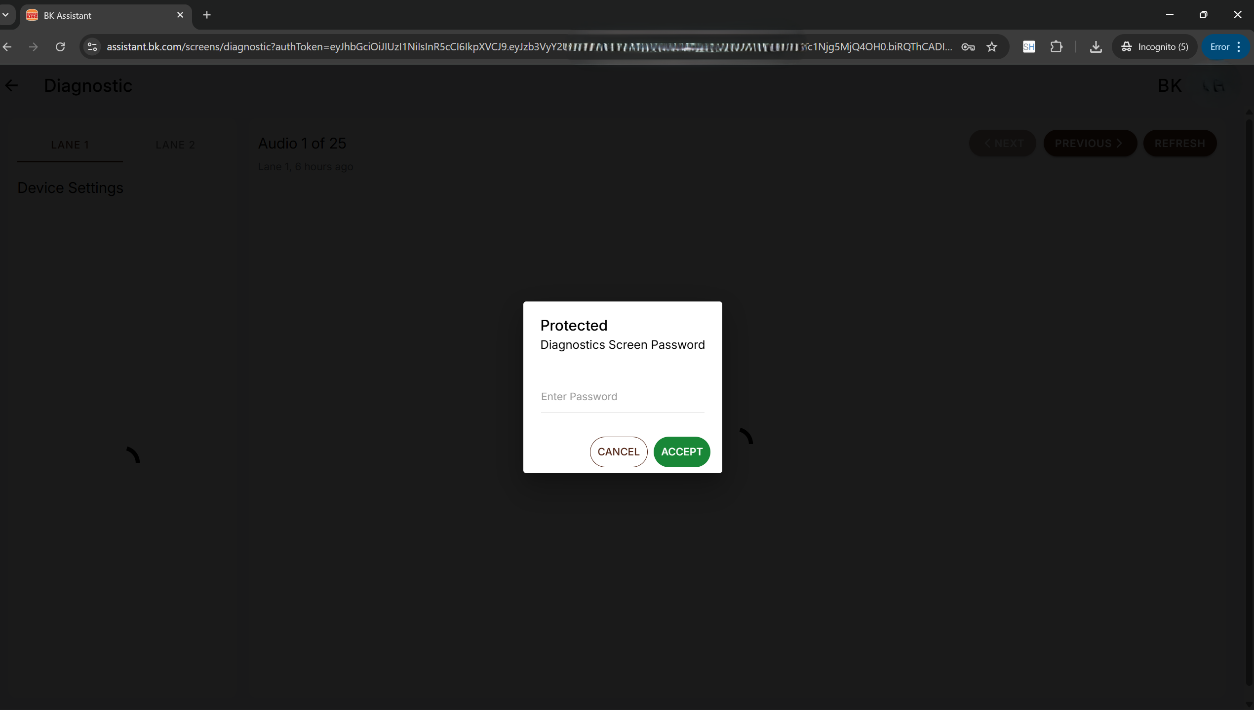 Diagnostic Screen Password Protected