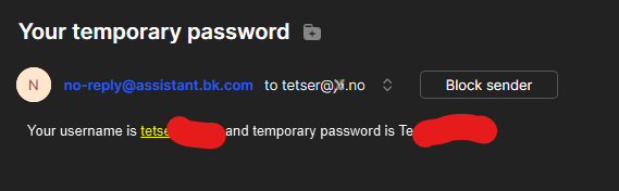 Password sent in email