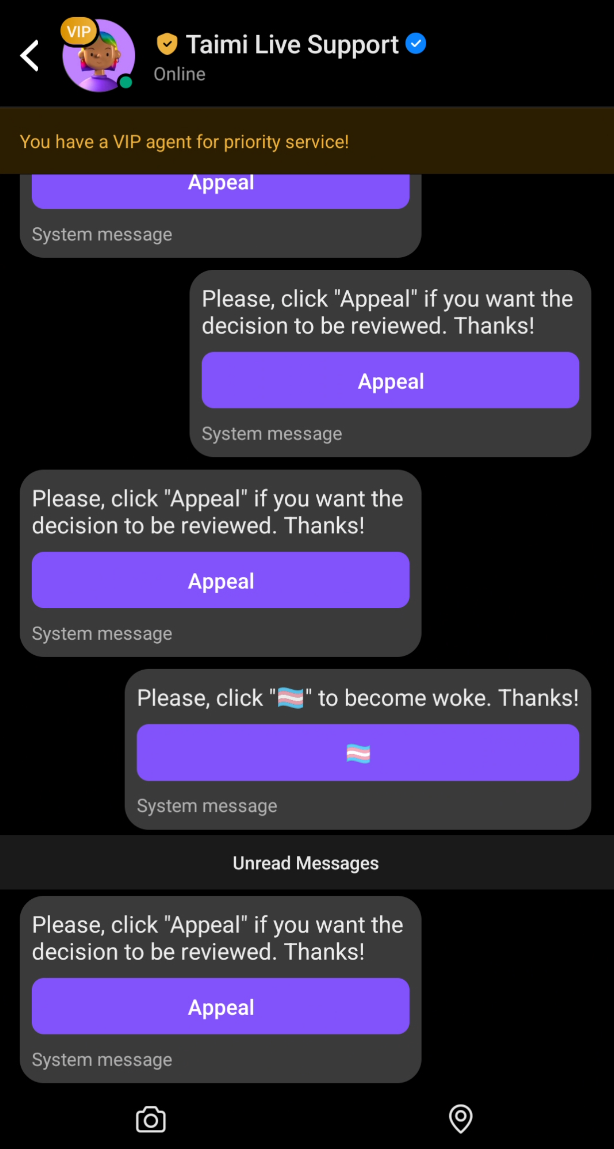 System message injection with fake Appeal buttons