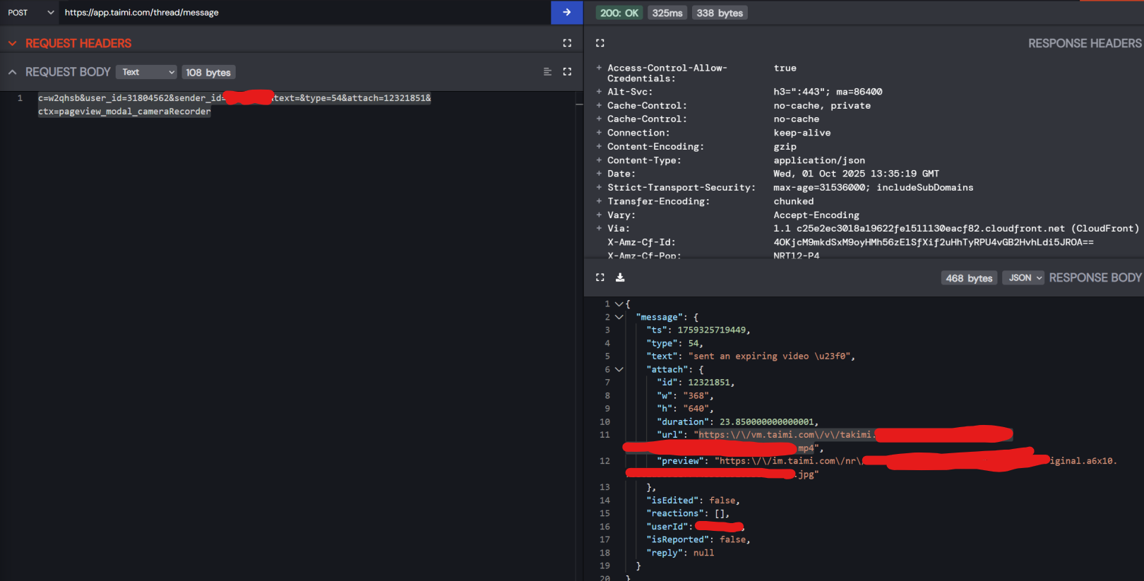 API request showing video attachment vulnerability